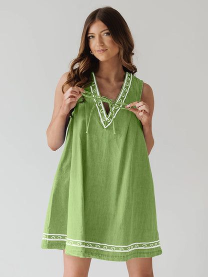 Embroidered Denim Mini Dress For Women - Casual V Neck Tie Front Loose Babydoll Sun Dress With Pockets - Summer Beach Vacation 2026