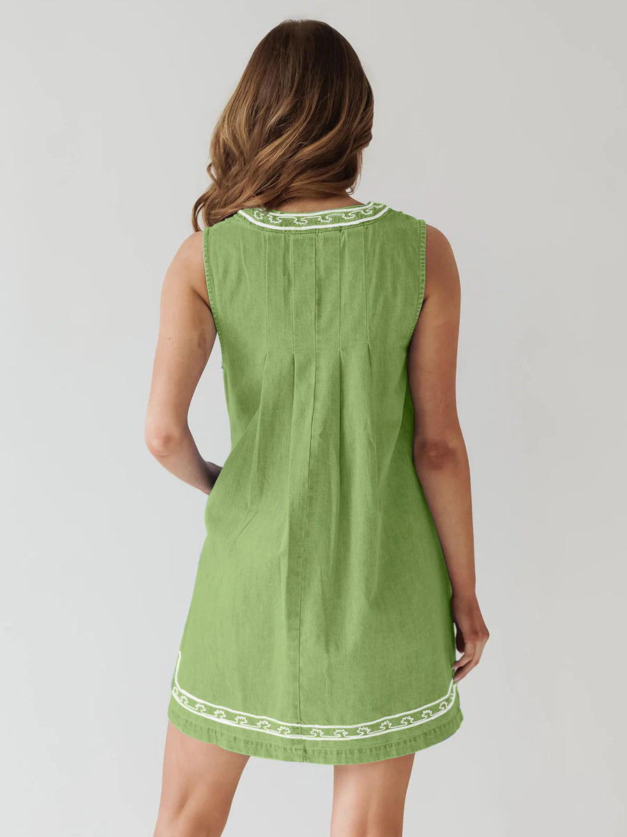 Embroidered Denim Mini Dress For Women - Casual V Neck Tie Front Loose Babydoll Sun Dress With Pockets - Summer Beach Vacation 2026