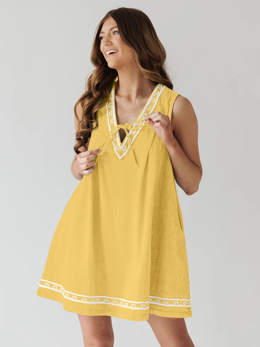 Embroidered Denim Mini Dress For Women - Casual V Neck Tie Front Loose Babydoll Sun Dress With Pockets - Summer Beach Vacation 2026