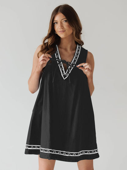 Embroidered Denim Mini Dress For Women - Casual V Neck Tie Front Loose Babydoll Sun Dress With Pockets - Summer Beach Vacation 2026