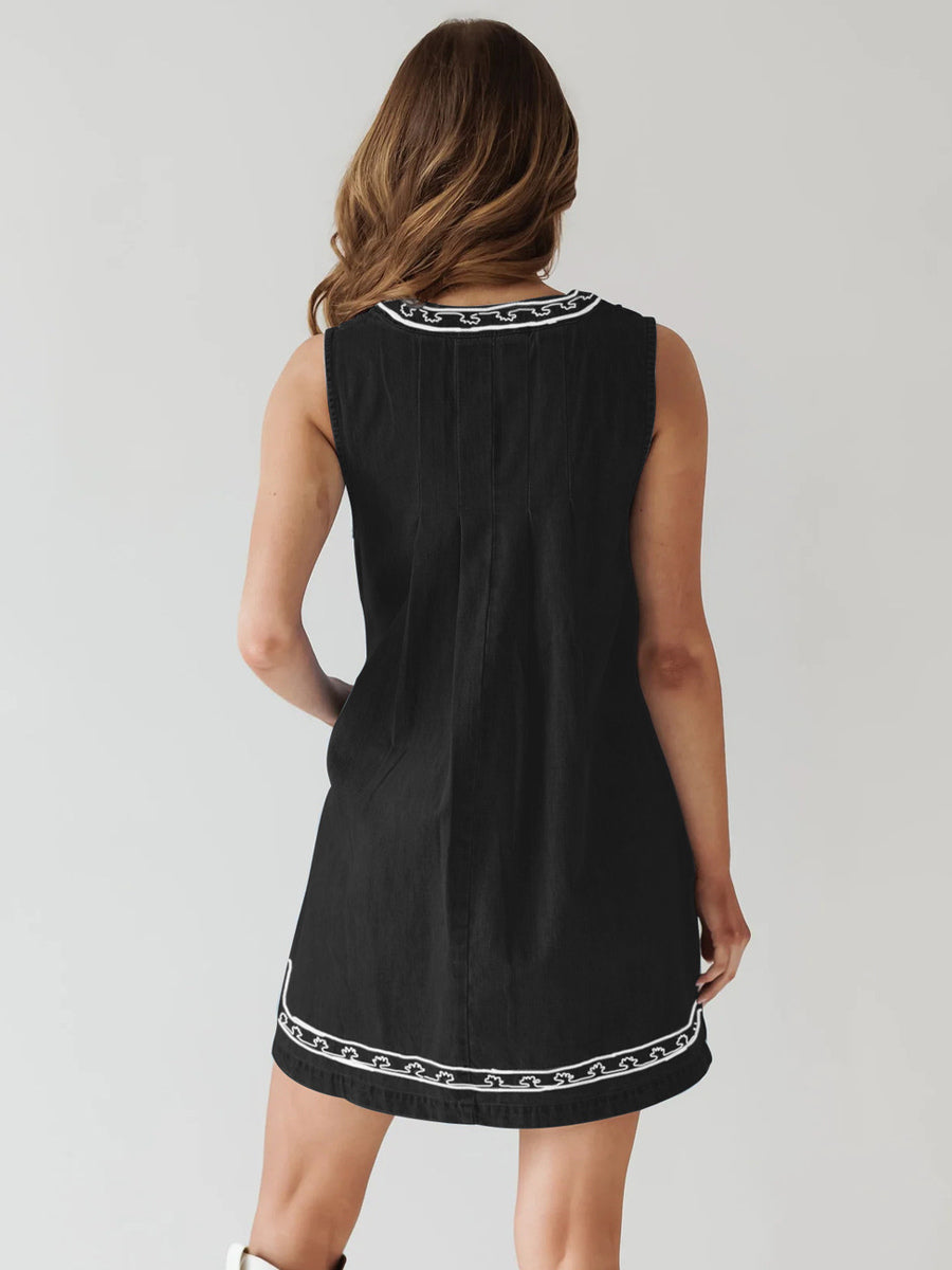 Embroidered Denim Mini Dress For Women - Casual V Neck Tie Front Loose Babydoll Sun Dress With Pockets - Summer Beach Vacation 2026