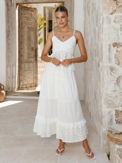 Eyelet Cotton Two Piece Set For Women - White Boho Camisole Tiered Maxi Skirt - Summer Beach Party 2026