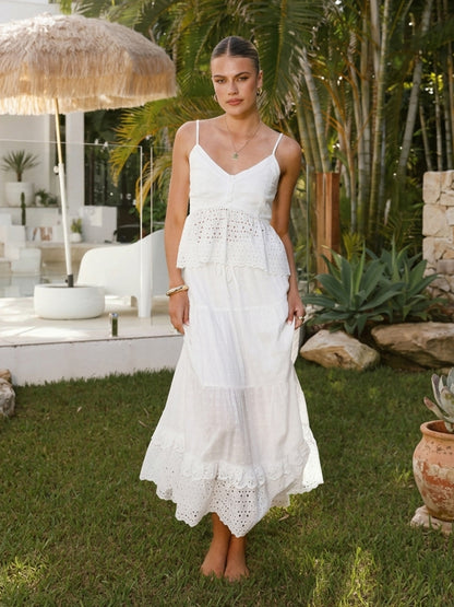 Eyelet Cotton Two Piece Set For Women - White Boho Camisole Tiered Maxi Skirt - Summer Beach Party 2026