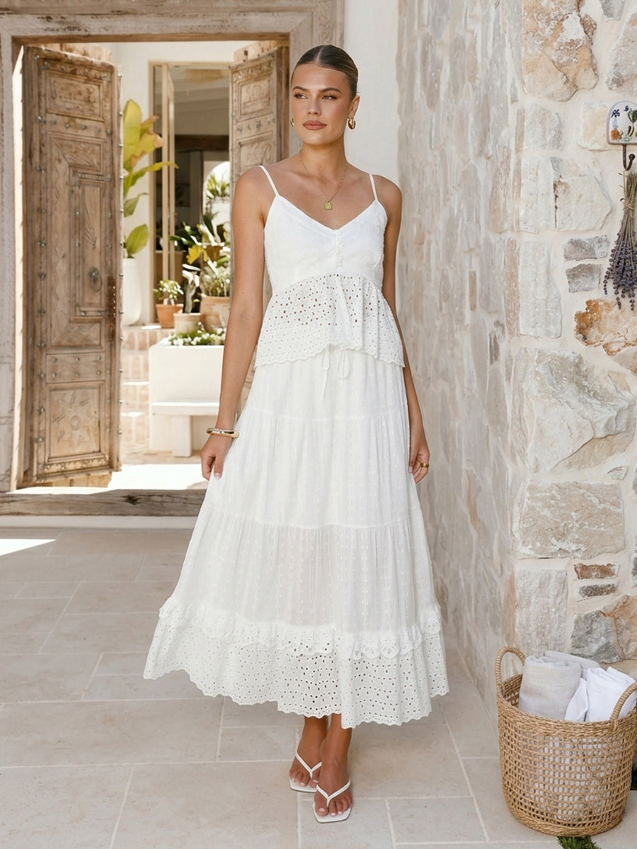 Eyelet Cotton Two Piece Set For Women - White Boho Camisole Tiered Maxi Skirt - Summer Beach Party 2026