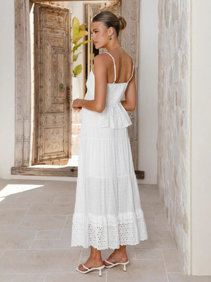 Eyelet Cotton Two Piece Set For Women - White Boho Camisole Tiered Maxi Skirt - Summer Beach Party 2026