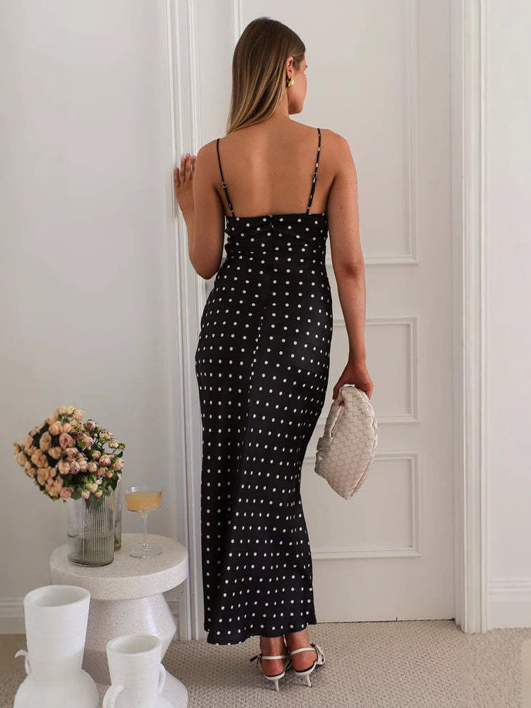 Polka Dot Cami Maxi Dress For Women - French Chic Lace Trim Tie Front Slim Slip Dress - Summer Picnic Party 2026