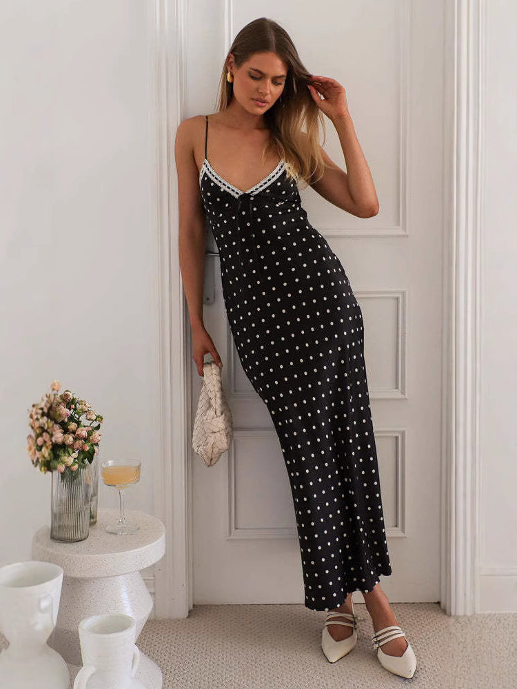 Polka Dot Cami Maxi Dress For Women - French Chic Lace Trim Tie Front Slim Slip Dress - Summer Picnic Party 2026