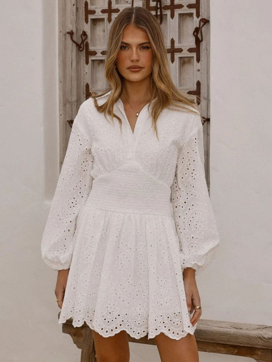 Eyelet Long Sleeve Mini Dress For Women - Boho Smocked Waist Flare Hem Skater Dress - Spring Beach Vacation 2026