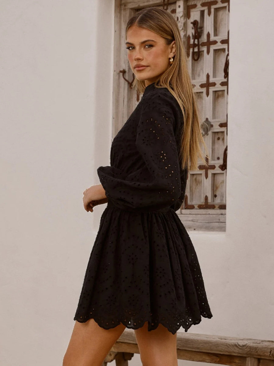 Eyelet Long Sleeve Mini Dress For Women - Boho Smocked Waist Flare Hem Skater Dress - Spring Beach Vacation 2026