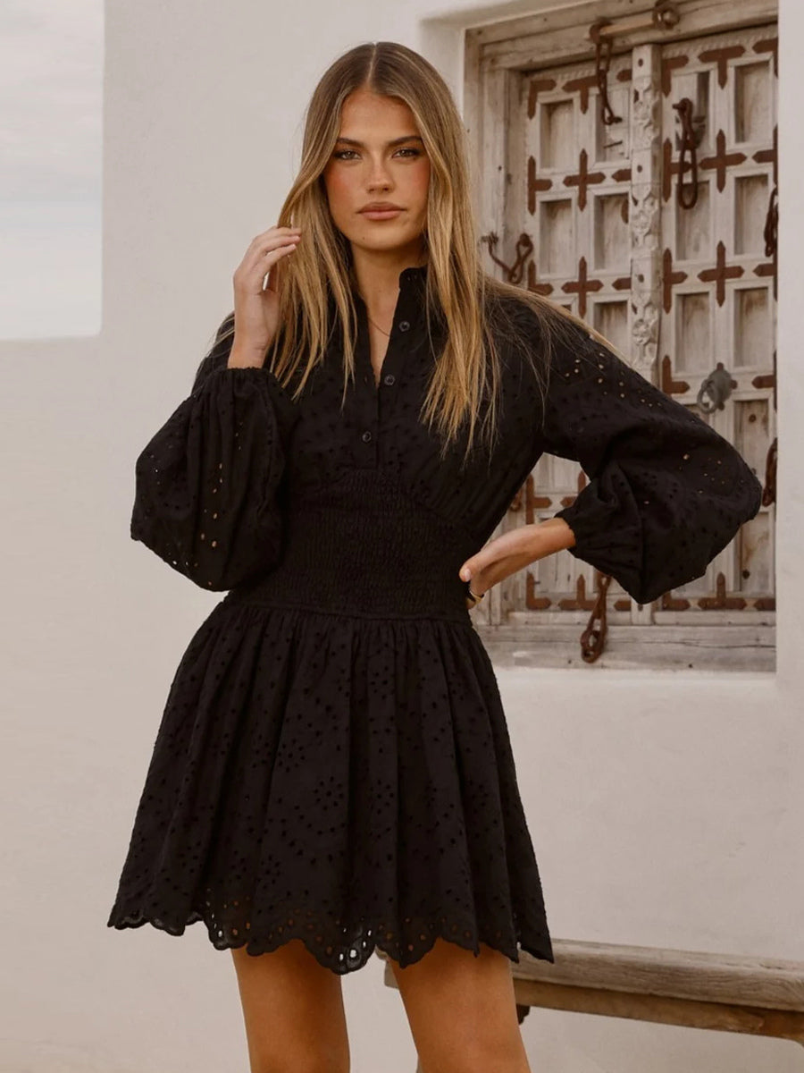 Eyelet Long Sleeve Mini Dress For Women - Boho Smocked Waist Flare Hem Skater Dress - Spring Beach Vacation 2026
