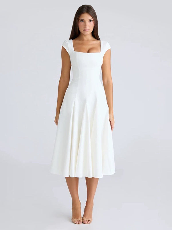 Elegant Square Neck A-Line Midi Dress For Women - Vintage Sleeveless Fit And Flare SunDress - Summer Wedding Guest Cocktail 2026