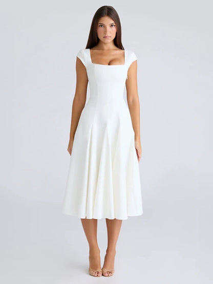 Elegant Square Neck A-Line Midi Dress For Women - Vintage Sleeveless Fit And Flare SunDress - Summer Wedding Guest Cocktail 2026
