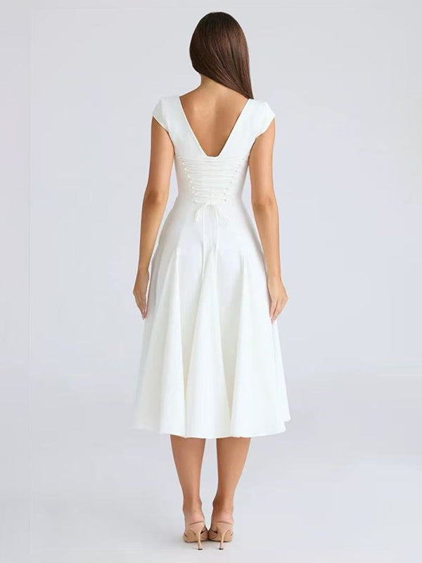 Elegant Square Neck A-Line Midi Dress For Women - Vintage Sleeveless Fit And Flare SunDress - Summer Wedding Guest Cocktail 2026