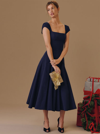 Elegant Square Neck A-Line Midi Dress For Women - Vintage Sleeveless Fit And Flare SunDress - Summer Wedding Guest Cocktail 2026