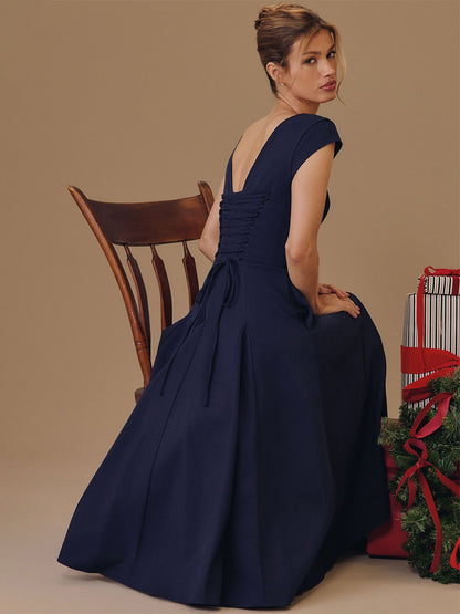 Elegant Square Neck A-Line Midi Dress For Women - Vintage Sleeveless Fit And Flare SunDress - Summer Wedding Guest Cocktail 2026