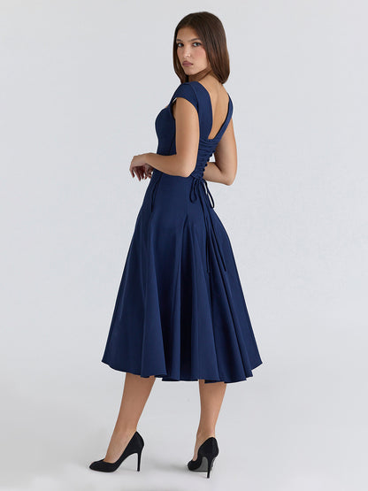 Elegant Square Neck A-Line Midi Dress For Women - Vintage Sleeveless Fit And Flare SunDress - Summer Wedding Guest Cocktail 2026