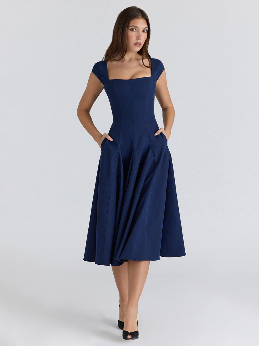 Elegant Square Neck A-Line Midi Dress For Women - Vintage Sleeveless Fit And Flare SunDress - Summer Wedding Guest Cocktail 2026