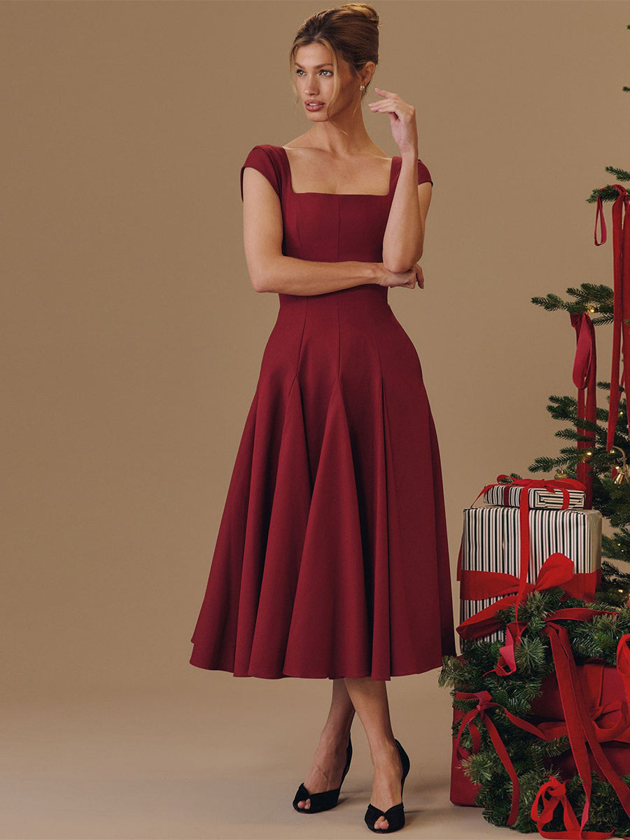 Elegant Square Neck A-Line Midi Dress For Women - Vintage Sleeveless Fit And Flare SunDress - Summer Wedding Guest Cocktail 2026