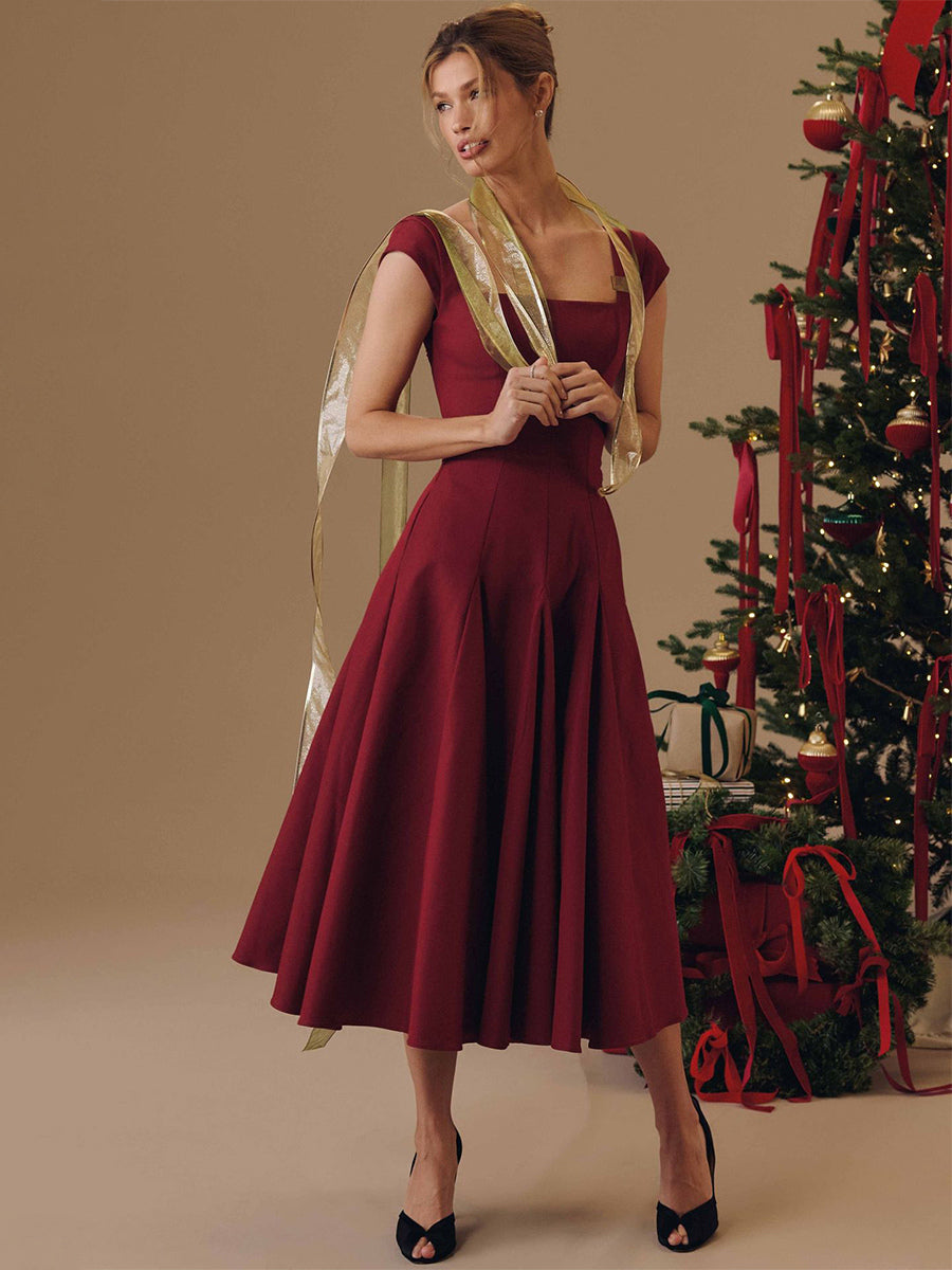 Elegant Square Neck A-Line Midi Dress For Women - Vintage Sleeveless Fit And Flare SunDress - Summer Wedding Guest Cocktail 2026