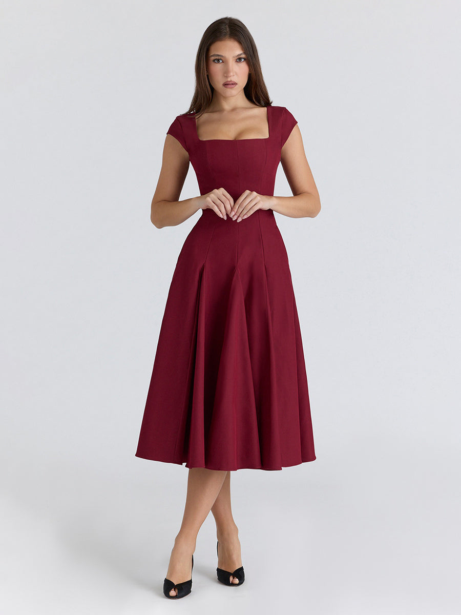 Elegant Square Neck A-Line Midi Dress For Women - Vintage Sleeveless Fit And Flare SunDress - Summer Wedding Guest Cocktail 2026