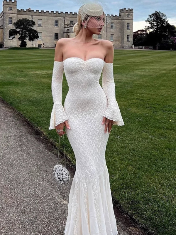 Lace Off Shoulder Maxi Dress For Women - Elegant Trumpet Long Sleeves Mermaid Gown - Spring Formal Evening Party 2026