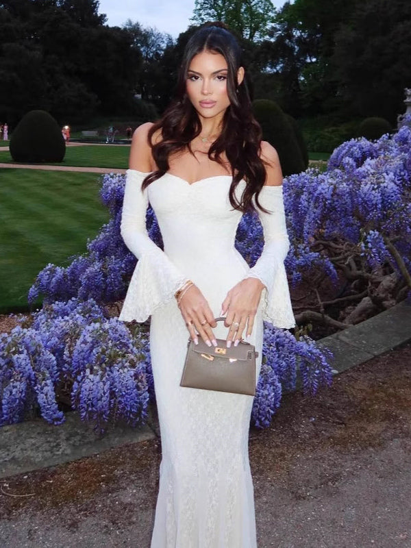Lace Off Shoulder Maxi Dress For Women - Elegant Trumpet Long Sleeves Mermaid Gown - Spring Formal Evening Party 2026