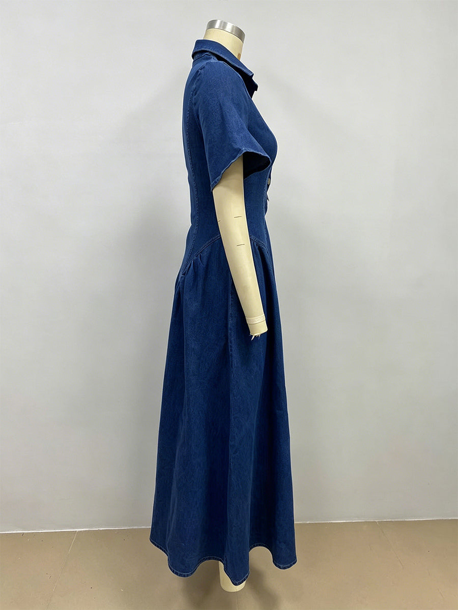 Button Front Denim Long Dress For Women - Dark Blue Boho A-Line Fit And Flare Short Sleeve Jean Dress - Summer Daily Casual 2026