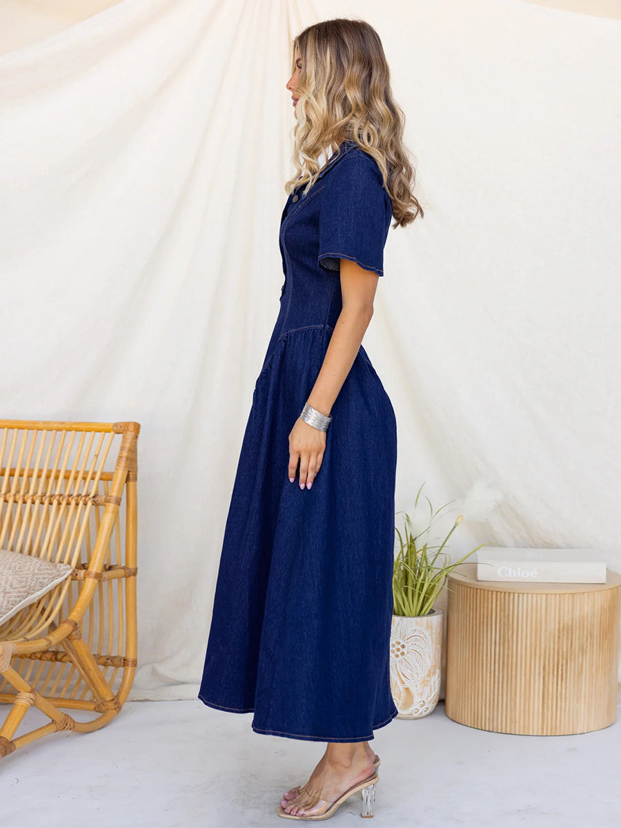 Button Front Denim Long Dress For Women - Dark Blue Boho A-Line Fit And Flare Short Sleeve Jean Dress - Summer Daily Casual 2026
