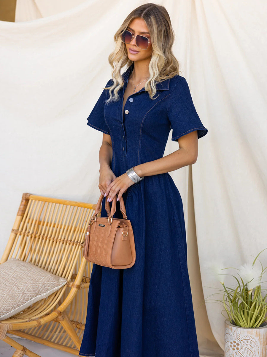 Button Front Denim Long Dress For Women - Dark Blue Boho A-Line Fit And Flare Short Sleeve Jean Dress - Summer Daily Casual 2026
