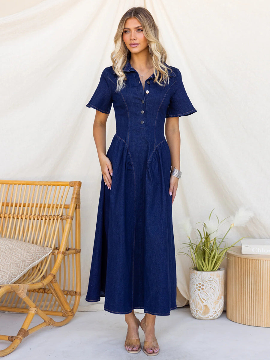 Button Front Denim Long Dress For Women - Dark Blue Boho A-Line Fit And Flare Short Sleeve Jean Dress - Summer Daily Casual 2026