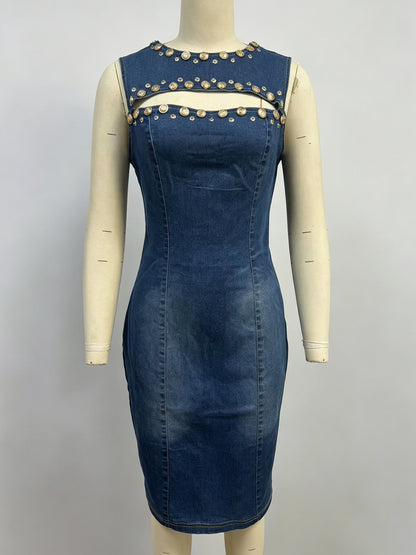 Denim Cutout Bodycon Dress For Women - Blue Studded Sleeveless Slim Fit Pencil Sheath Midi Dress - Summer Party Clubwear 2026