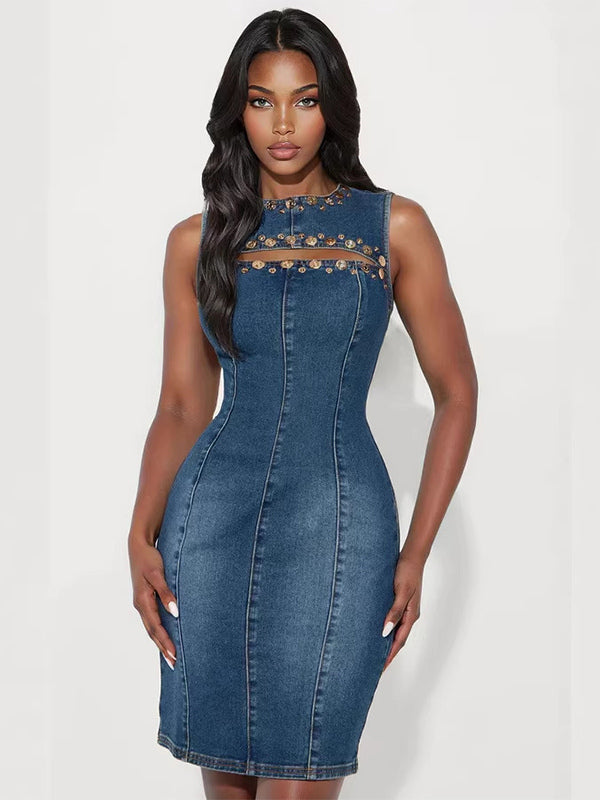 Denim Cutout Bodycon Dress For Women - Blue Studded Sleeveless Slim Fit Pencil Sheath Midi Dress - Summer Party Clubwear 2026