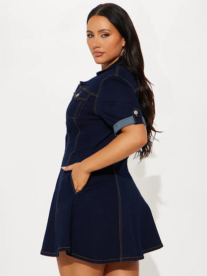 Short Sleeve Mini Denim Dress For Women - Blue Sexy V-Neck Fit And Flare Button Up Jean Skater Dress - Summer Casual Party 2026