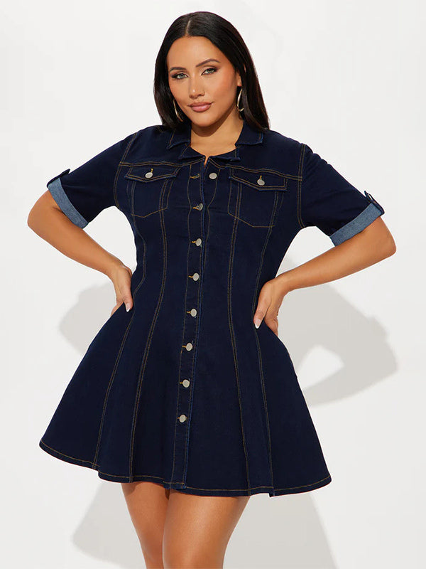Short Sleeve Mini Denim Dress For Women - Blue Sexy V-Neck Fit And Flare Button Up Jean Skater Dress - Summer Casual Party 2026