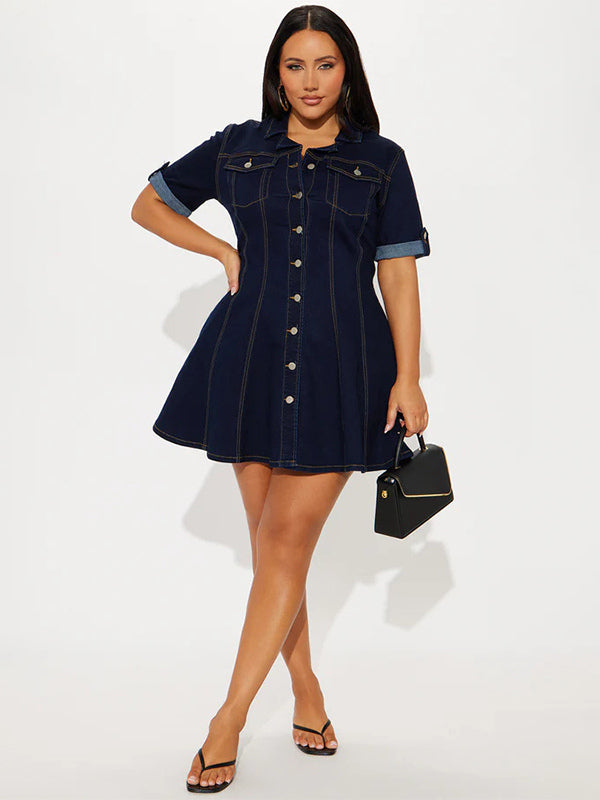 Short Sleeve Mini Denim Dress For Women - Blue Sexy V-Neck Fit And Flare Button Up Jean Skater Dress - Summer Casual Party 2026