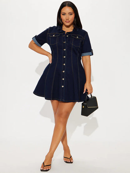 Short Sleeve Mini Denim Dress For Women - Blue Sexy V-Neck Fit And Flare Button Up Jean Skater Dress - Summer Casual Party 2026