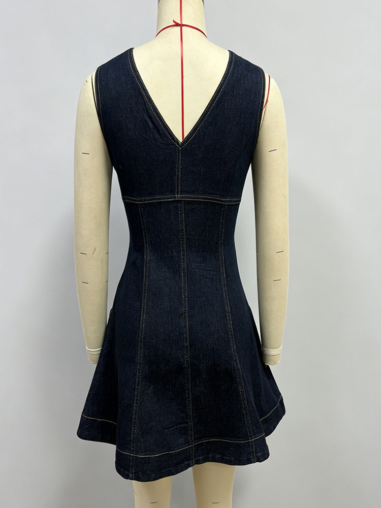 Sleeveless Mini Denim Dress For Women - Dark Blue Western Style Front Zip Slim Fit Jean Sundress - Summer Music Festival 2026