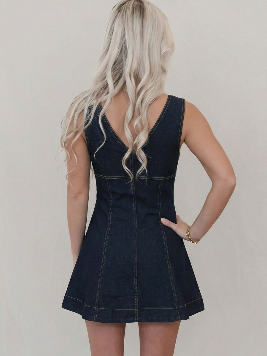 Sleeveless Mini Denim Dress For Women - Dark Blue Western Style Front Zip Slim Fit Jean Sundress - Summer Music Festival 2026