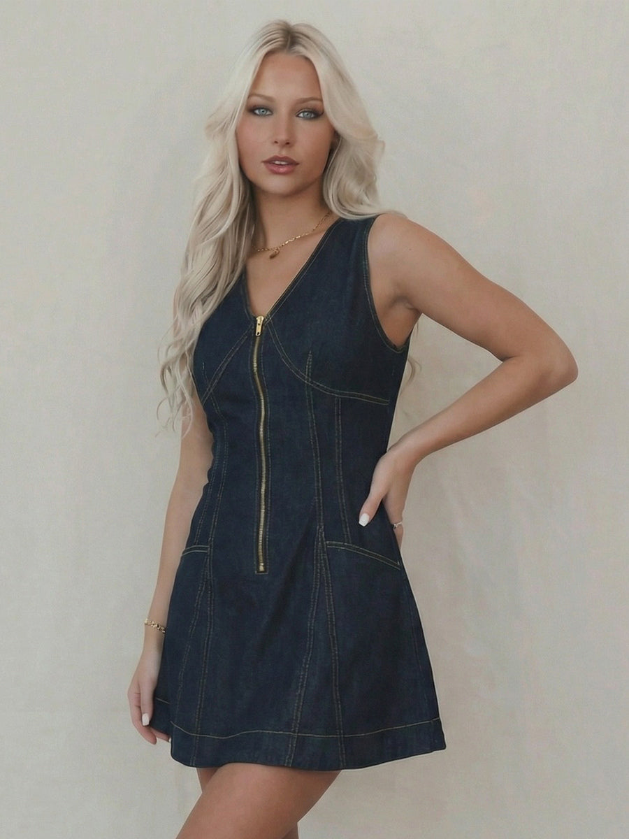 Sleeveless Mini Denim Dress For Women - Dark Blue Western Style Front Zip Slim Fit Jean Sundress - Summer Music Festival 2026