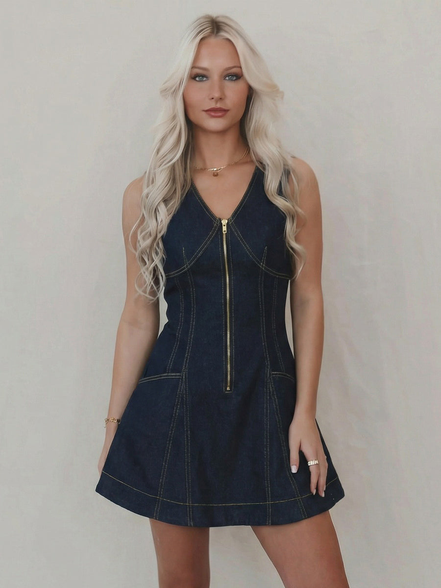 Sleeveless Mini Denim Dress For Women - Dark Blue Western Style Front Zip Slim Fit Jean Sundress - Summer Music Festival 2026