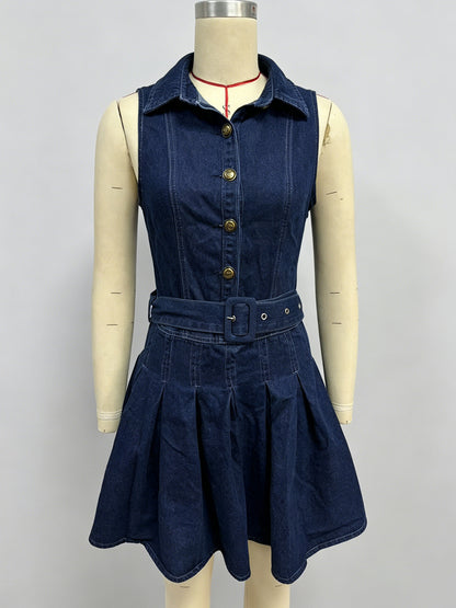 Sleeveless Denim Mini Dress For Women - Y2K Pleated Belted Button Up Jean Skater Dress - Summer Casual Picnic 2026