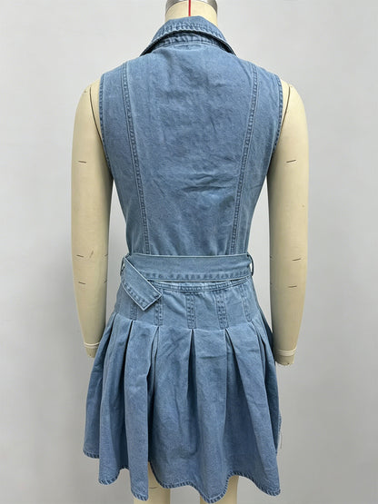 Sleeveless Denim Mini Dress For Women - Y2K Pleated Belted Button Up Jean Skater Dress - Summer Casual Picnic 2026