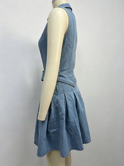 Sleeveless Denim Mini Dress For Women - Y2K Pleated Belted Button Up Jean Skater Dress - Summer Casual Picnic 2026