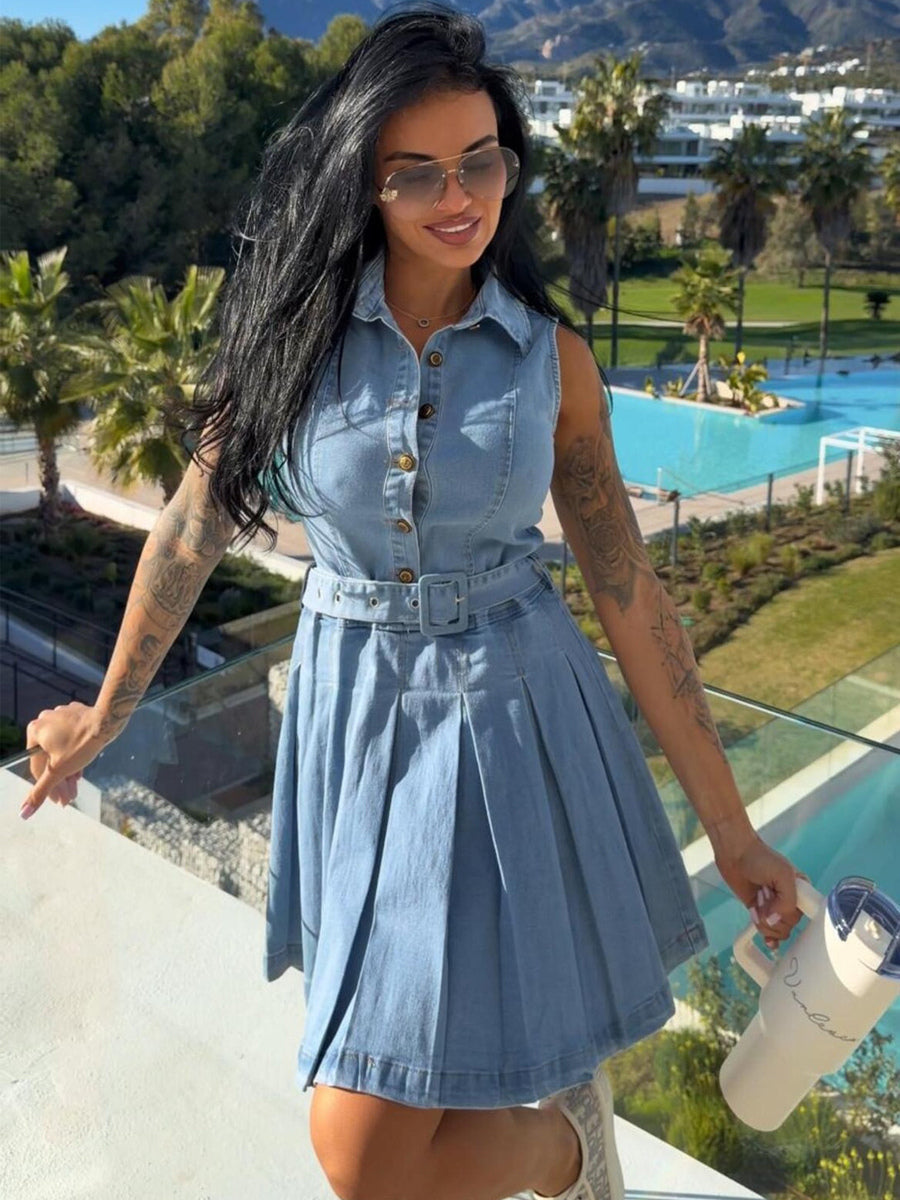 Sleeveless Denim Mini Dress For Women - Y2K Pleated Belted Button Up Jean Skater Dress - Summer Casual Picnic 2026