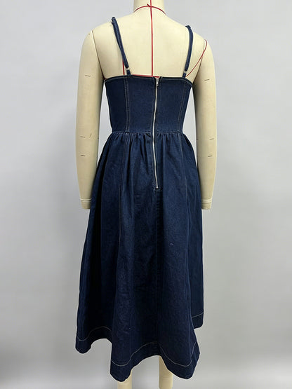 Denim Midi Sun Dress For Women - Dark Blue Sexy Corset Top Pleated A-Line Slip Dress - Summer Casual Picnic 2026