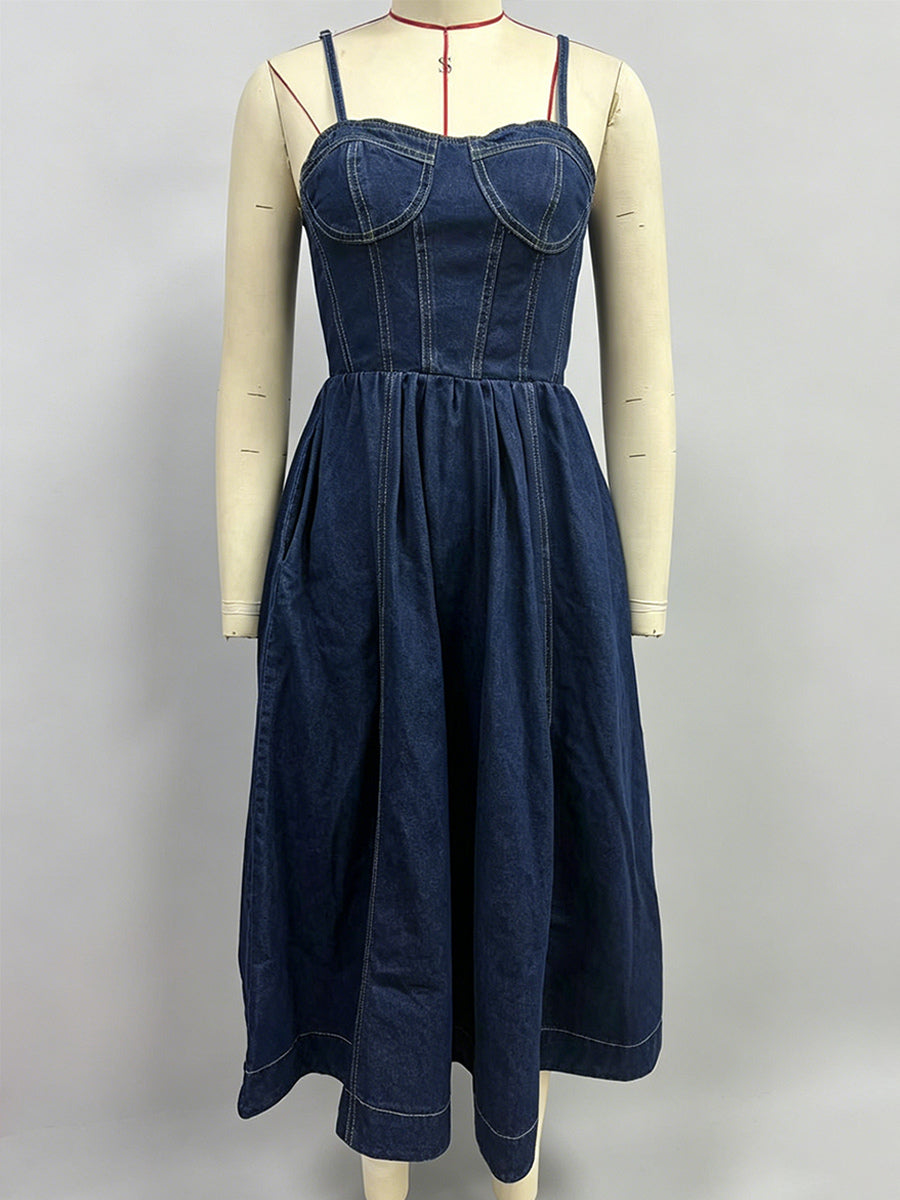 Denim Midi Sun Dress For Women - Dark Blue Sexy Corset Top Pleated A-Line Slip Dress - Summer Casual Picnic 2026
