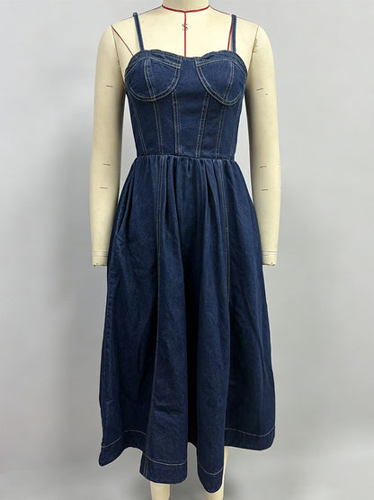 Denim Midi Sun Dress For Women - Dark Blue Sexy Corset Top Pleated A-Line Slip Dress - Summer Casual Picnic 2026