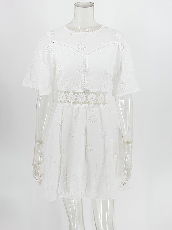 White Eyelet Backless Mini Dress For Women - Boho Flare Sleeve Fit And Flare Cotton Sundress - Summer Beach Vacation 2026