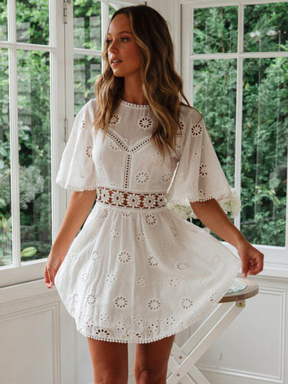 White Eyelet Backless Mini Dress For Women - Boho Flare Sleeve Fit And Flare Cotton Sundress - Summer Beach Vacation 2026