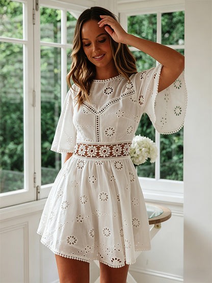 White Eyelet Backless Mini Dress For Women - Boho Flare Sleeve Fit And Flare Cotton Sundress - Summer Beach Vacation 2026